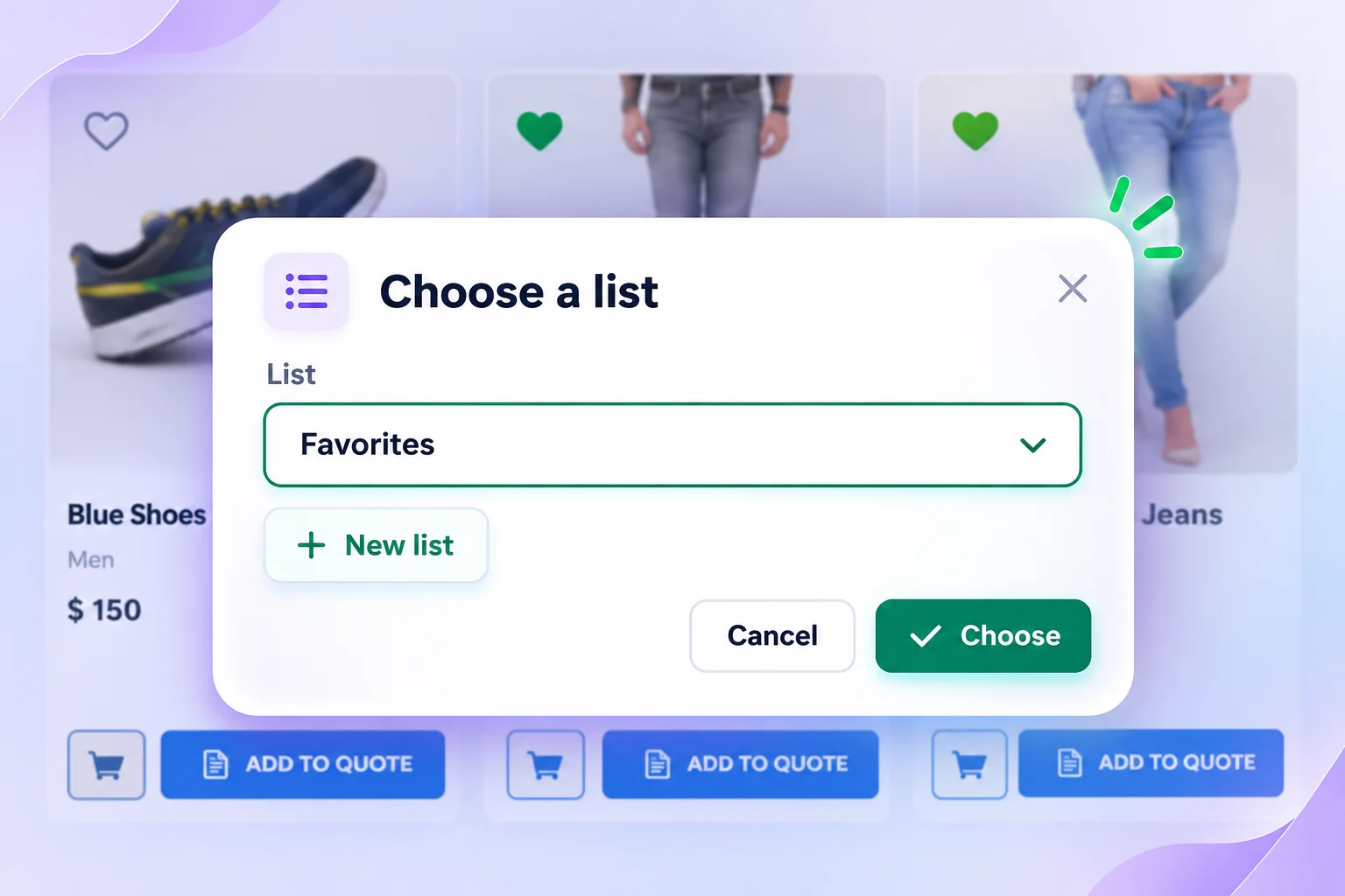 Illustration of choosing a wishlist without leaving the product page
