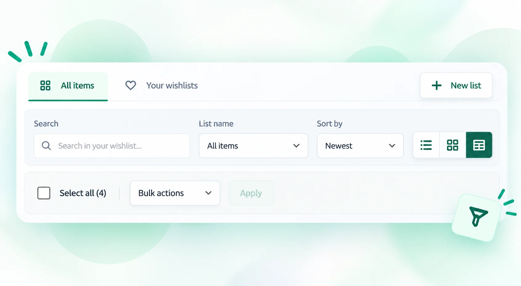 Illustration of wishlist search, sorting, list filters, layouts and bulk actions