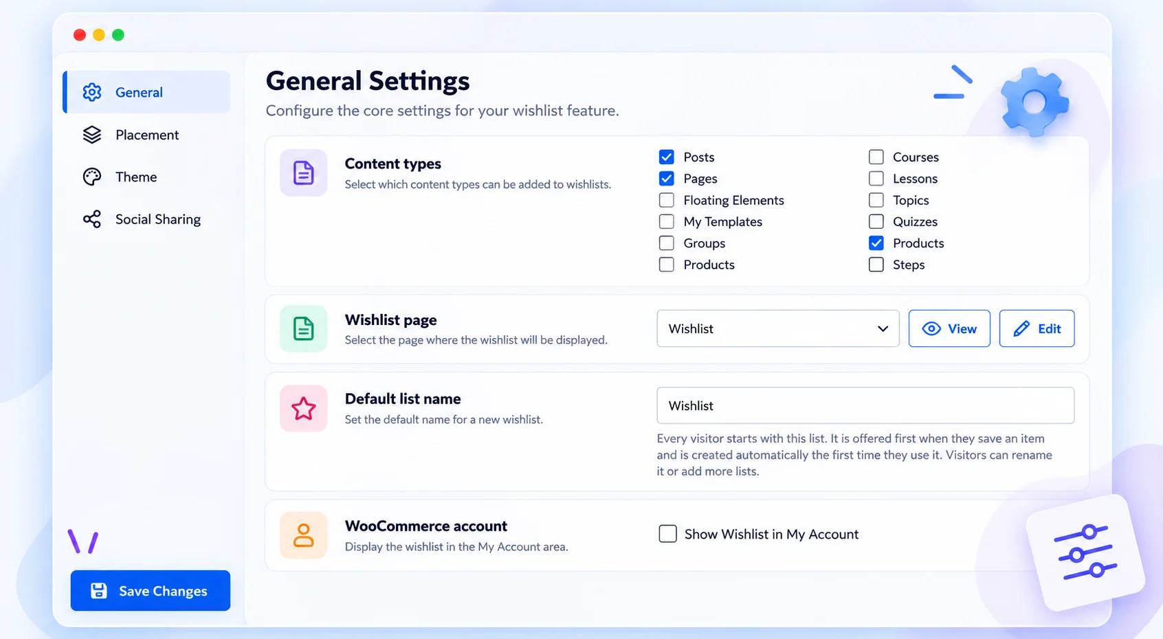 Illustration of content type and wishlist page settings