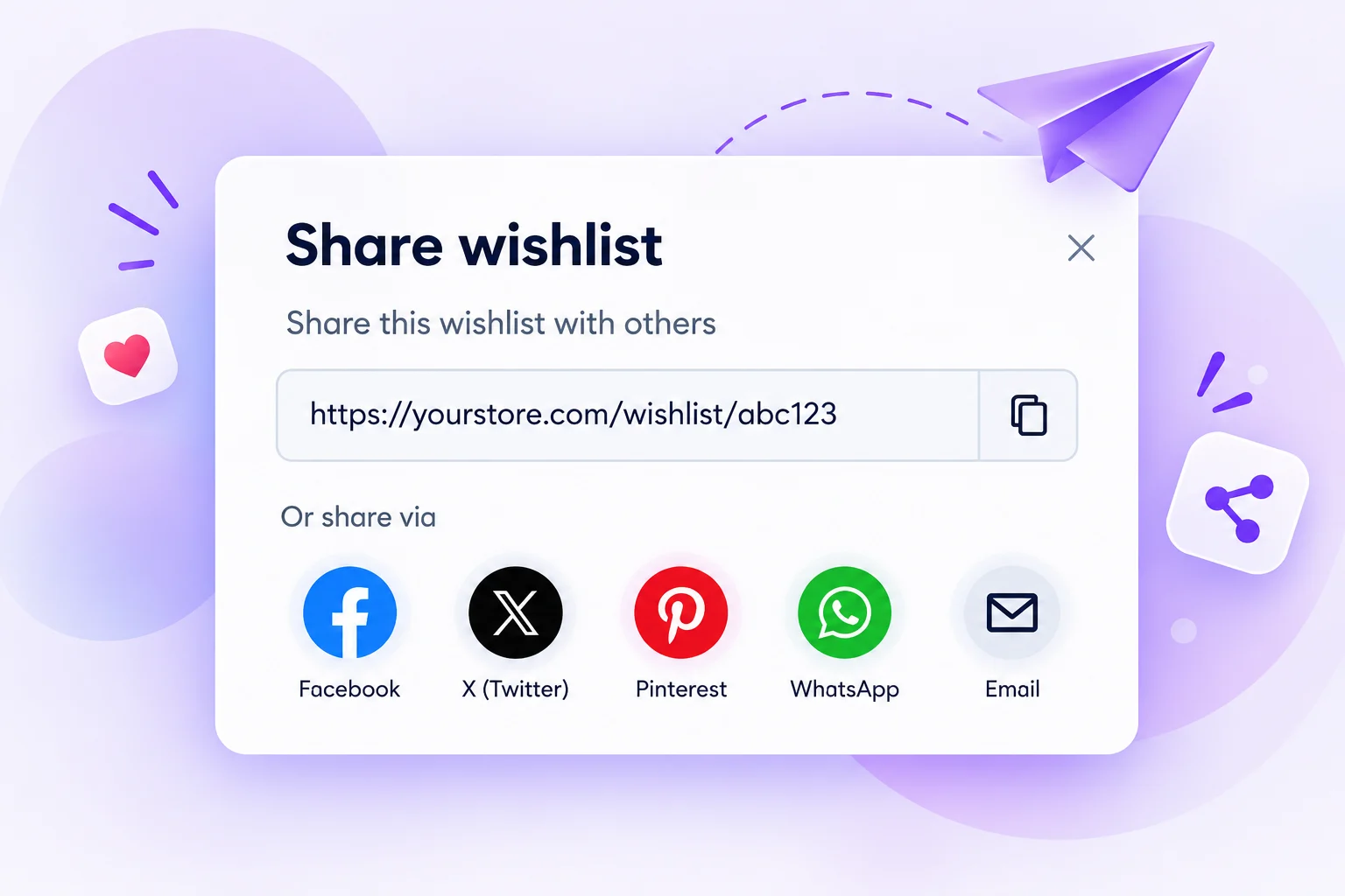 Illustration of wishlist link copying and social sharing options