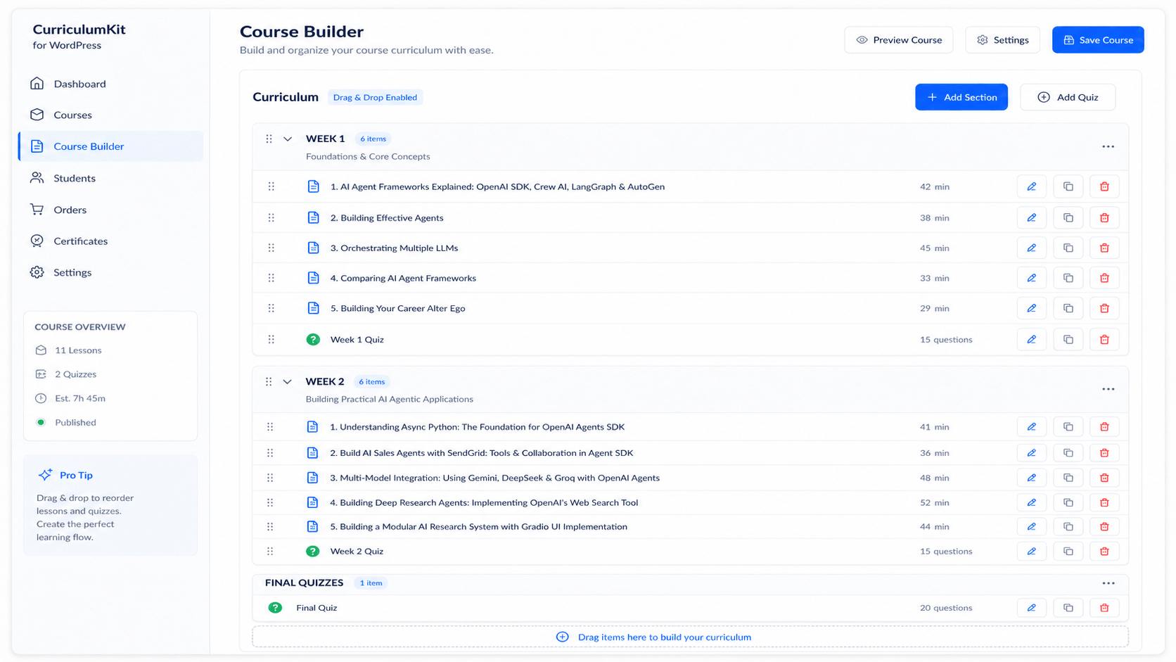 CurriculumKit course builder screen