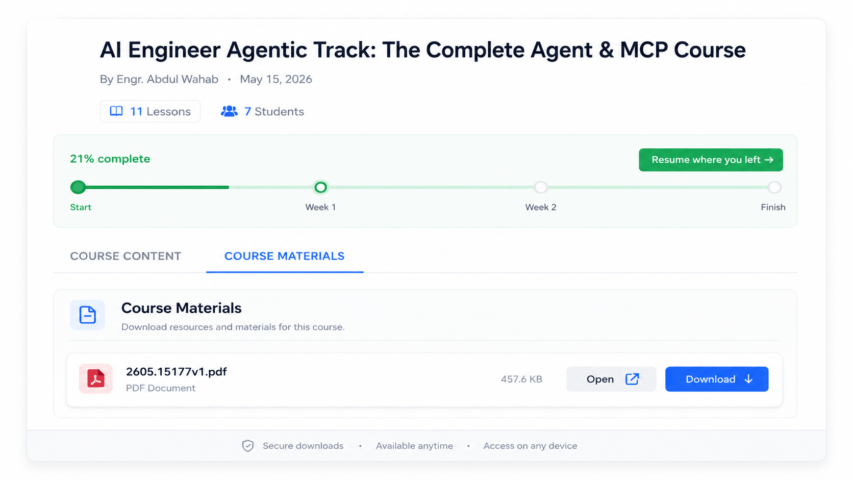 CurriculumKit course materials screen