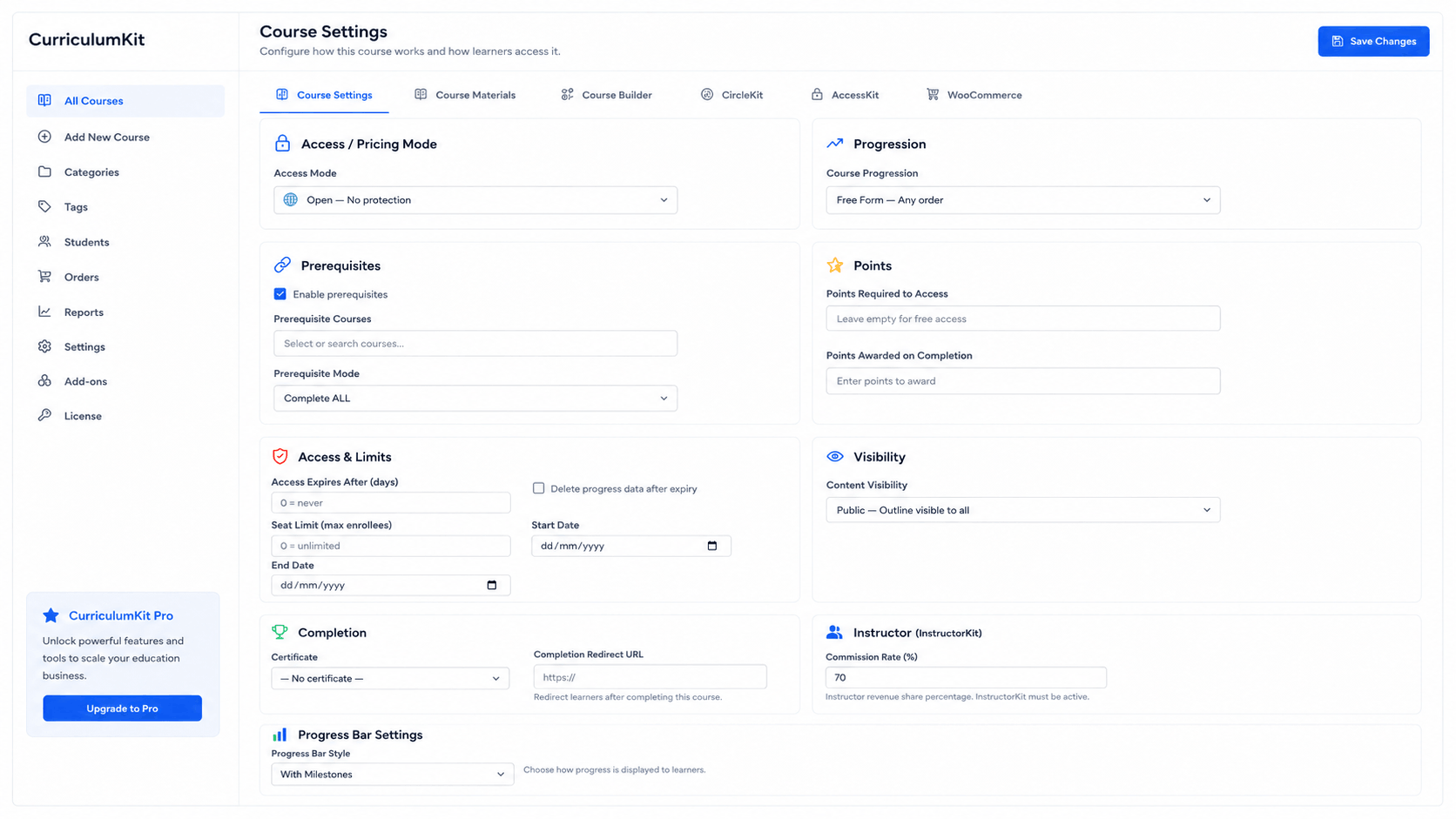 CurriculumKit course settings screen